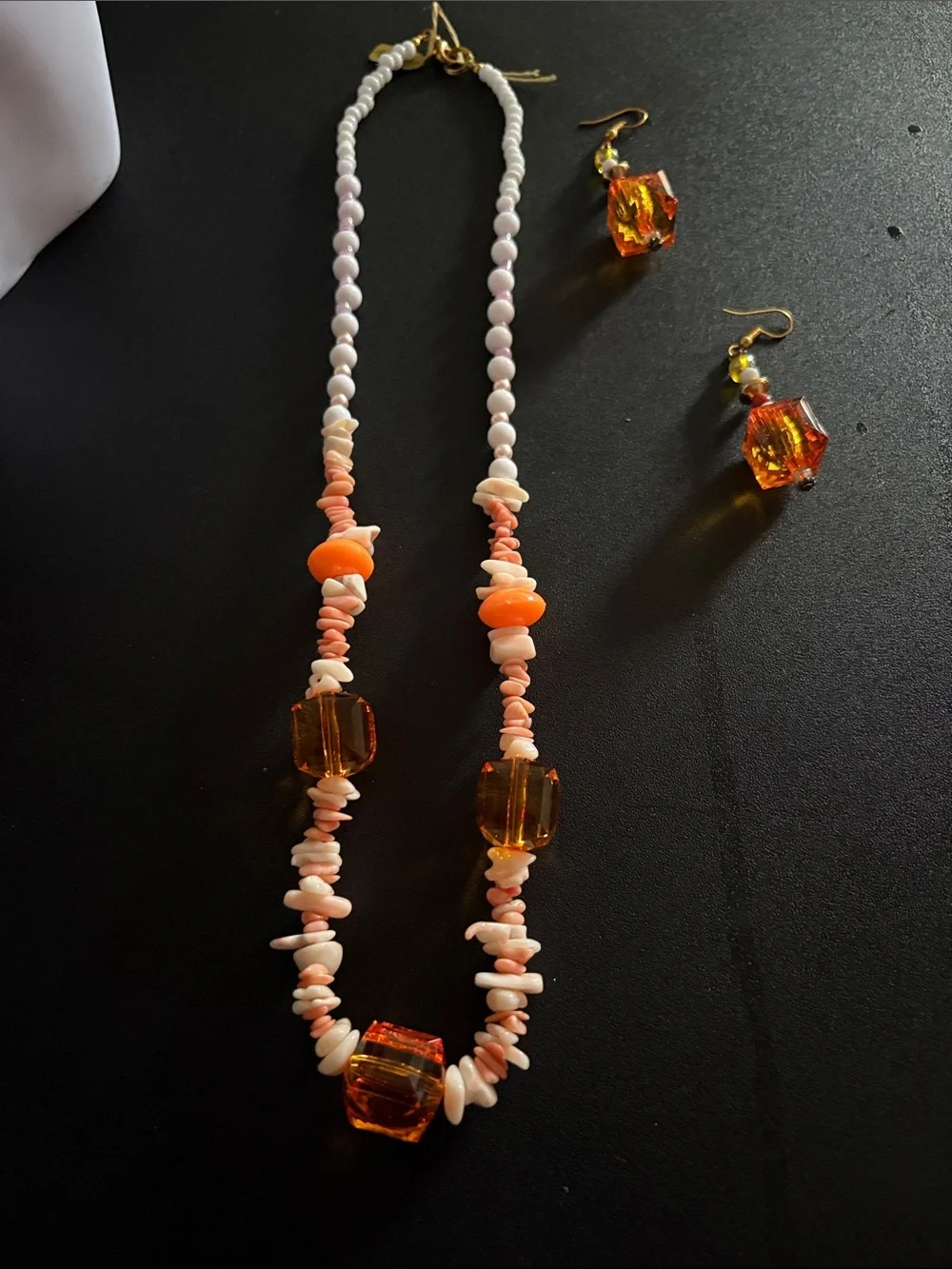 Handmade Orange Bead & Shell Women’s Necklace with Matching Earrings